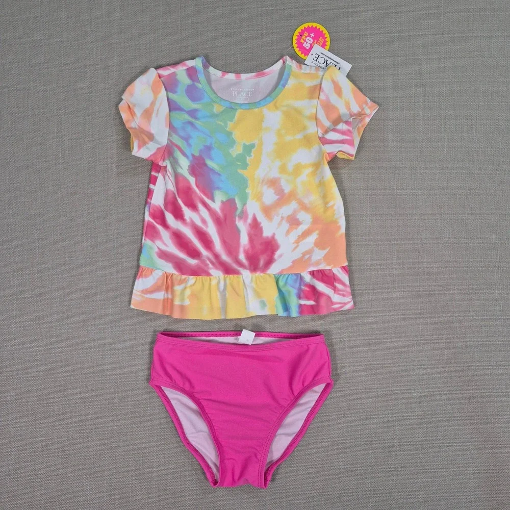 The Childrens Place Girls Tie Dye Peplum Rash Guard Swimsuit Set Pink 5T NEW